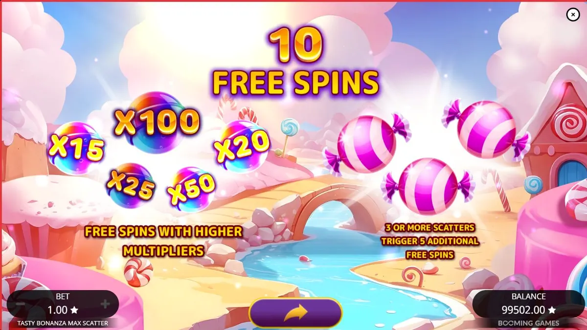 Tasty Bonanza Max Scatter slot game grid na puno ng makukulay na kendi